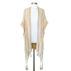 SURF GYPSY Beachy Boho Kimono Swim Coverup Oversized Cream Black Tasseled